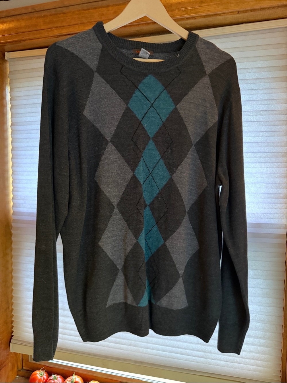 Men's Dockers Charcoal Argyle Crewneck Sweater with Teal Accents L 0116